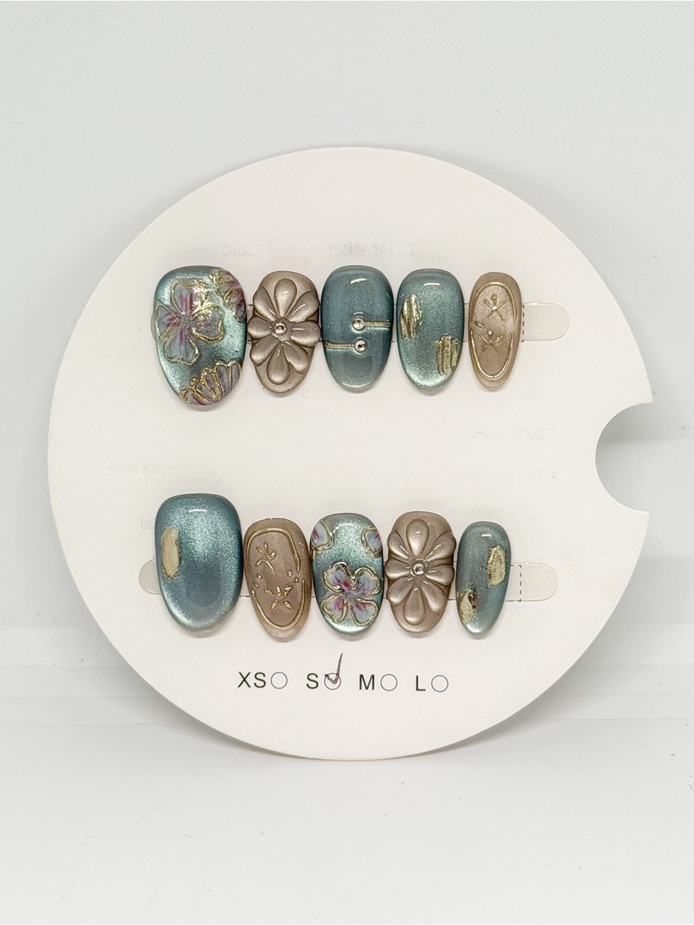 Hand-Painted Teal & Gold Floral Press-On Nail Set -